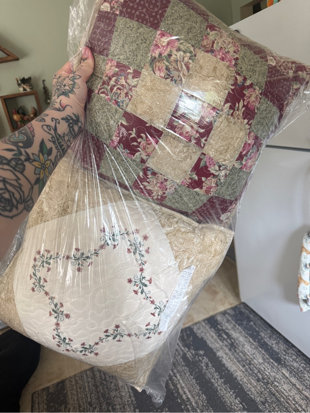 Quilted Patchwork Accent Pillow set in Burgundy, Green, and Cream